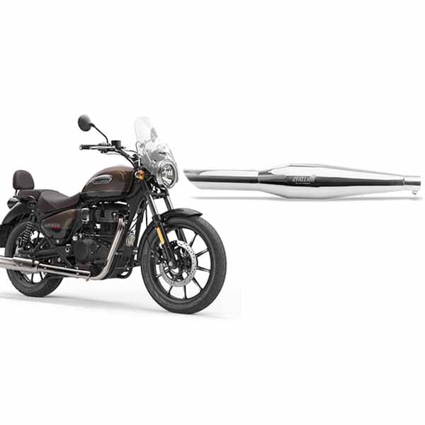Silver Stallion exhaust for Royal Enfield Meteor 350 / Reborn , Silver, Black Matte,and Brushed finish