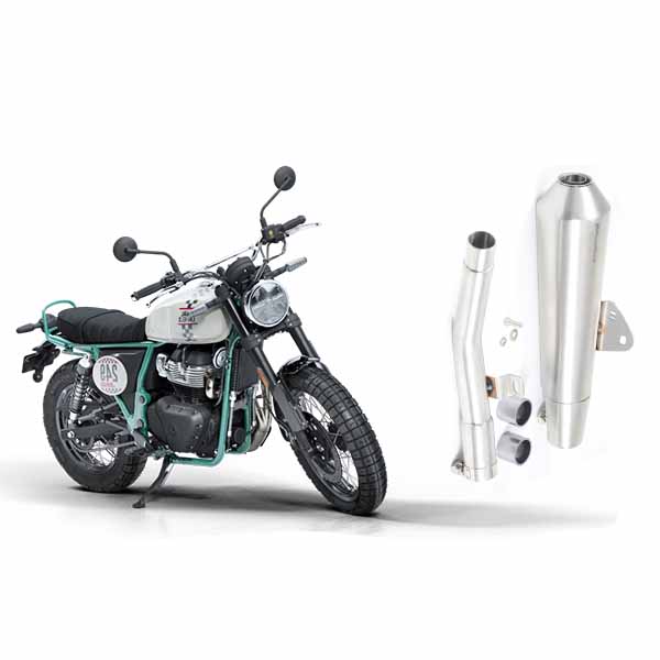 PoweRage Exhaust For Royal Enfield Bear 650,with De-Cat Pipe,Brushed Steel Finish (Cone Type)