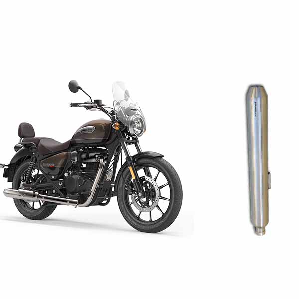 Powerage Exhaust For Royal Enfield Meteor 350 And Reborn 350,Brushed Steel Finish