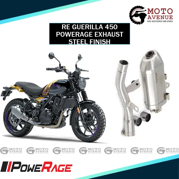 Image of Royal Enfield Guerrilla 450 Exhaust,with De-Cat Pipe by PoweRage (Brushed Steel Finish)